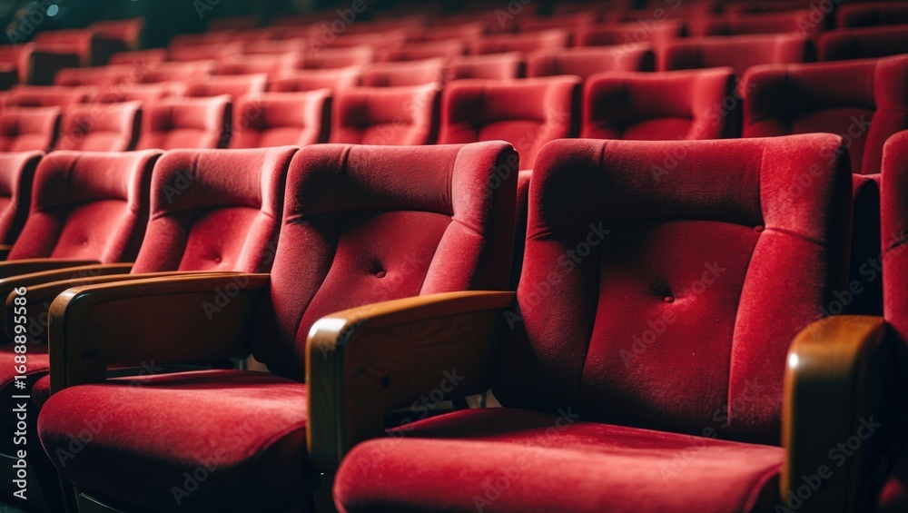 Fototapeta premium Empty theater with red seats arranged in rows for audience seating.
