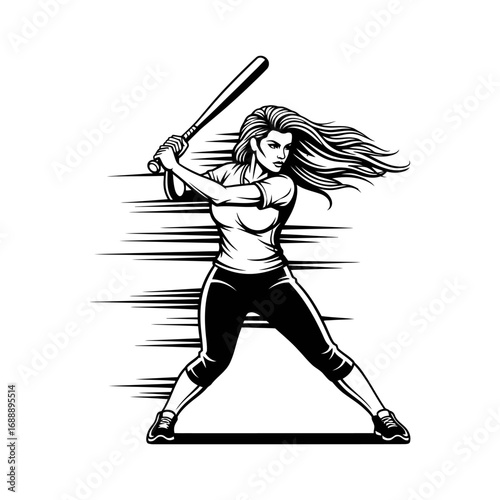Dynamic softball player ready to swing bat with powerful energy and determination