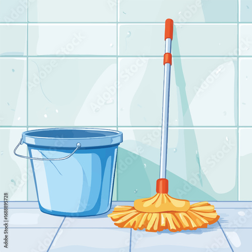A blue bucket and a yellow mop for cleaning.