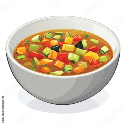 A bowl of vegetable soup with various chopped vegetables.