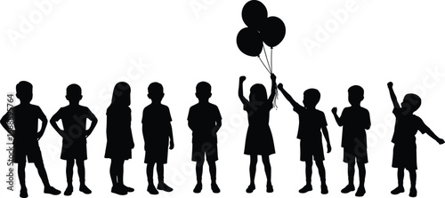 Silhouette group of children standing, playing, and holding balloons, representing happy childhood moments, friendship, fun, and outdoor activities together.