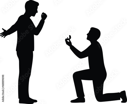Silhouette illustration of a man proposing marriage to a surprised man, romantic moment, love, engagement, proposal, happiness, celebration, and commitment.