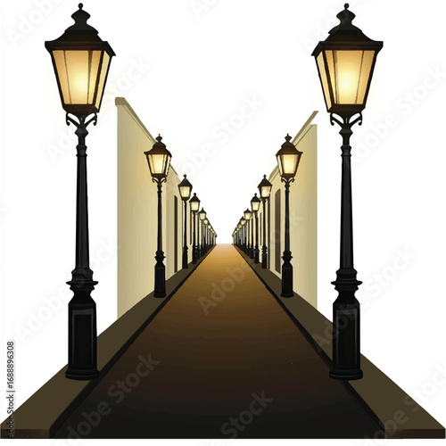 A long alleyway illuminated by a series of classic street lamps creating a sense of depth and perspective.