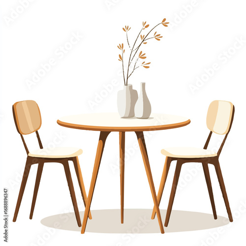A minimalist dining set with two chairs and a round table.