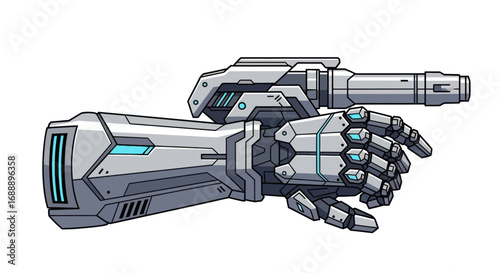 Futuristic robotic arm gauntlet with an integrated energy blaster weapon, detailed sci-fi illustration.