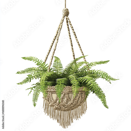 A lush green fern plant in a macrame hanger with fringe detail.