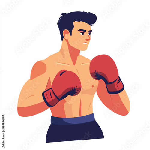 A muscular boxer in red gloves ready to fight.