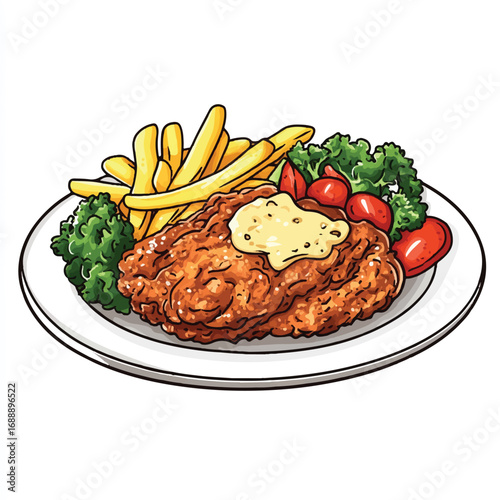 A plated meal of chicken schnitzel with tartar sauce and vegetables.
