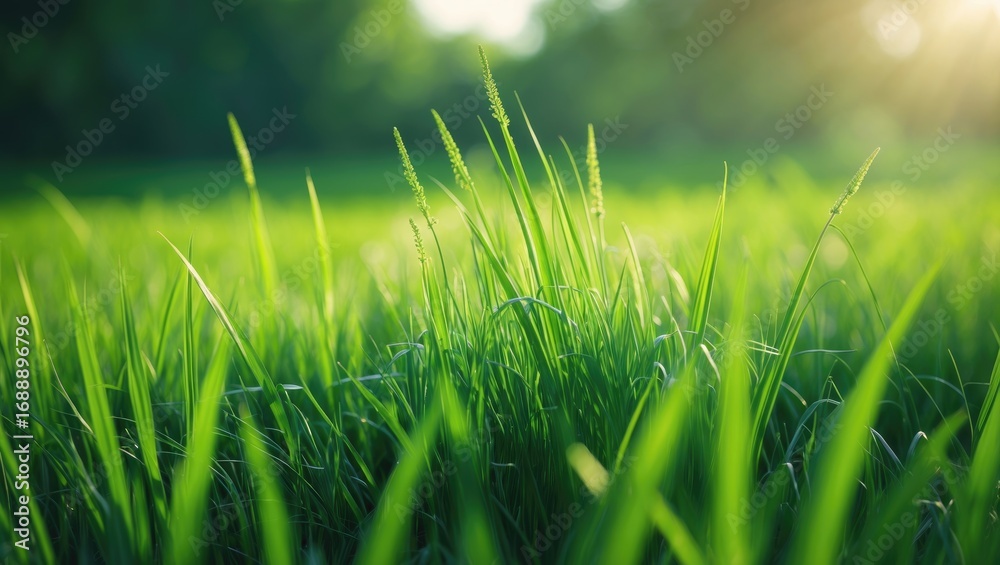 Obraz premium Green grass in a field with sunlight background