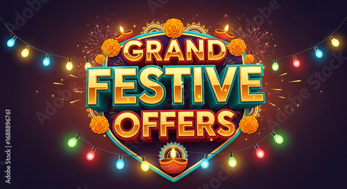 Navratri diwali festival sale shopping logo with Grand Festive offers 3d typography and retro lights decoration.