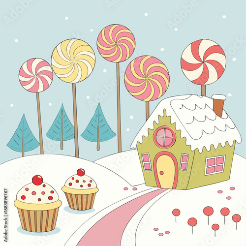 Whimsical winter wonderland scene with candy trees, gingerbread house, and delicious cupcakes