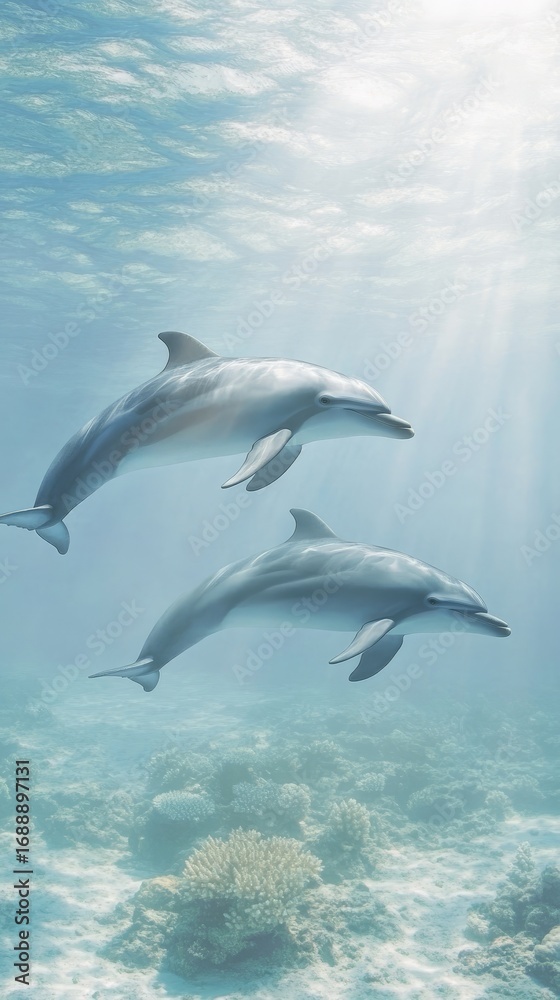 Fototapeta premium Two dolphins swim gracefully above a vibrant coral reef in clear, sunlit water