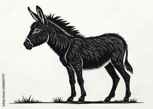 Illustration of a detailed black donkey standing in grass with a white background in side profile view