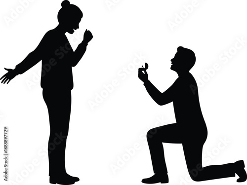 Silhouette illustration of a man proposing marriage to a surprised woman, romantic moment, love, engagement, proposal, happiness, celebration, and commitment.