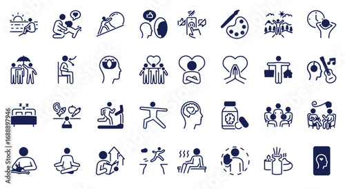 Mental health prevention, wellness and support icon set.  self-care, therapy, mental wellbeing, resilience, positive lifestyle, emotional balance, stress management