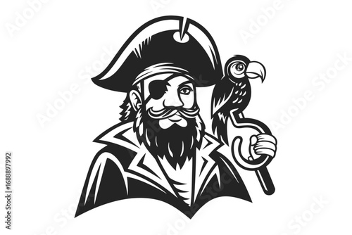 Monochrome Pirate Captain with Parrot, Eye Patch, Sword on White Background