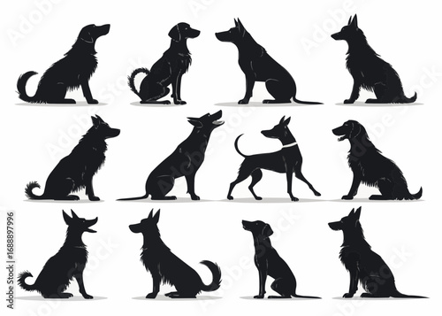Silhouette illustration of various dog breeds in different poses on a white background art design