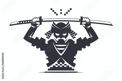 Monochrome Samurai Raising Katana Swords Isolated on White Background Style