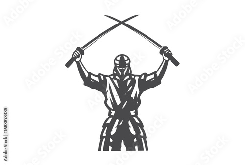 Ninja Silhouette Holds Crossed Katana Swords Above Head On White Background