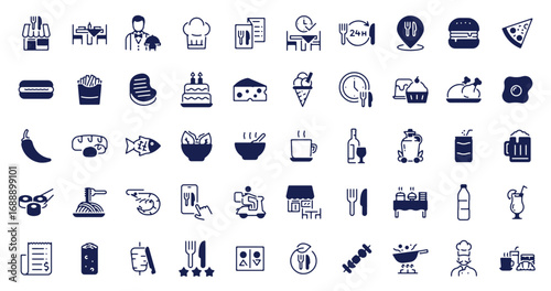 Restaurant and food service icon set.  menus, meals, dining, drinks, cafes, bars, delivery, culinary branding, types of food and restaurants