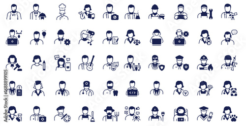 Essential professions and diverse job roles avatars icon set. icons for careers, jobs, workplace, service, education, occupations, employment, workforce