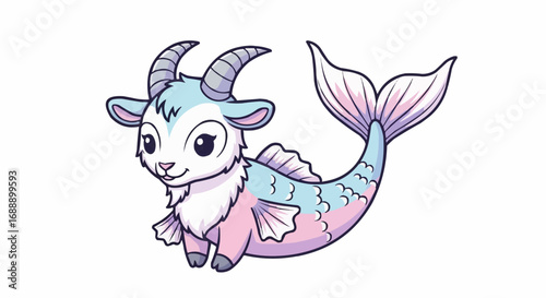 Cute Capricorn Cartoon Illustration, Zodiac Goat Fish Hybrid, Pastel Colors, Isolated