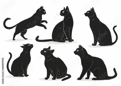 Six black cats in various poses including sitting standing and jumping against a white background art