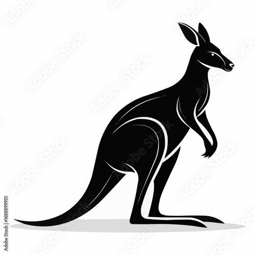 Stylized black kangaroo standing upright with a long tail and large feet on a white background art