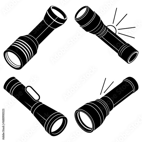 Four black flashlights in different orientations with one emitting light on a white background image