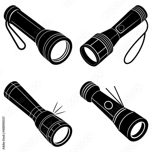Four black and white flashlight illustrations with varying designs and orientations on a white background