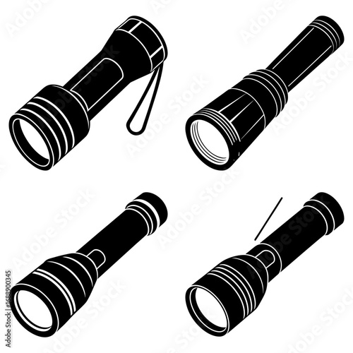 A collection of four black and white flashlight illustrations in various isometric orientations and styles