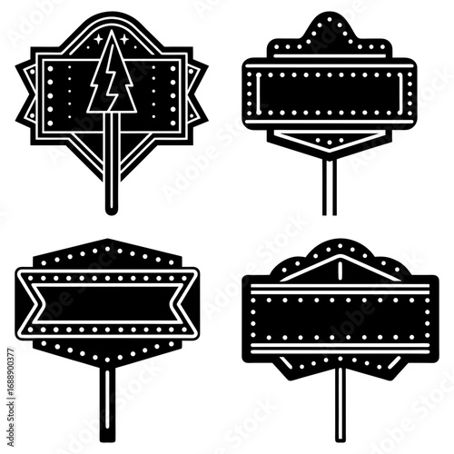 Four distinct vintage style signs with bulbs and unique shapes in black and white illustration
