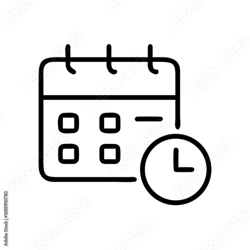 A calendar icon featuring a clock, representing time and scheduling. It signifies deadlines, appointments, and the importance of time management