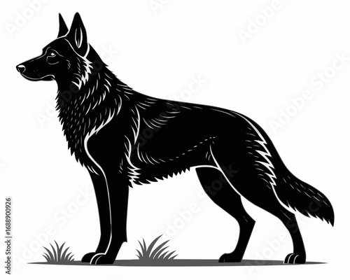 Illustration of a sleek black wolf standing alert with pointed ears and detailed fur texture on white ground