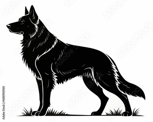 Illustration of a black german shepherd standing in grass with a white background in vector format