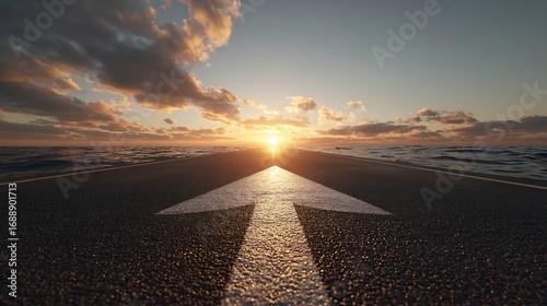 Future goal setting with arrow on ocean road
