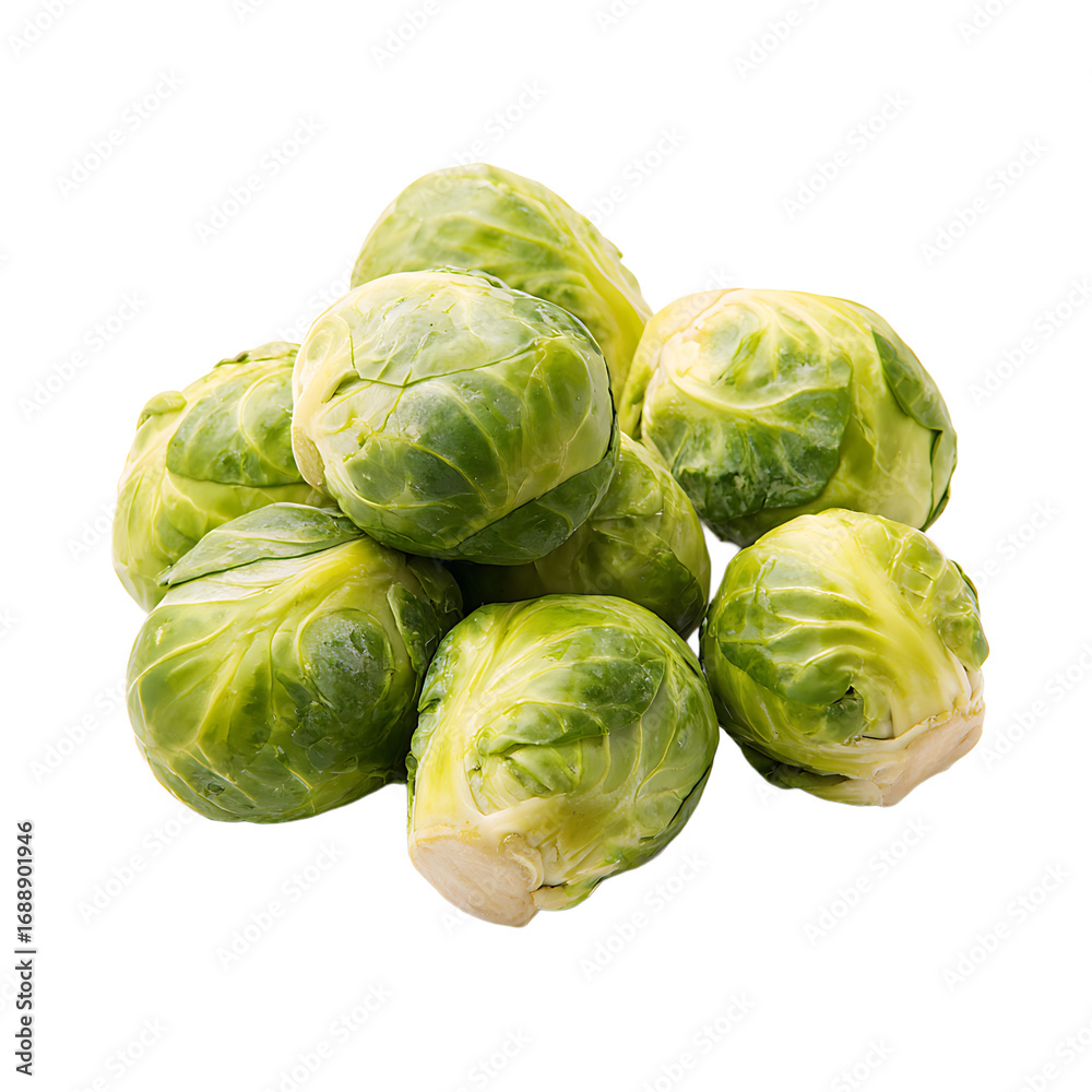 Fototapeta premium A pile of fresh green brussel sprouts are neatly stacked against a transparent background The sprouts show a leafy smooth surface