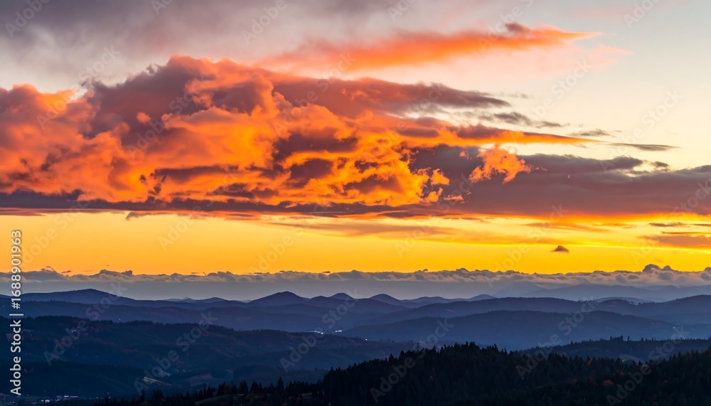 Obraz premium Vibrant sunset over rolling hills with dramatic clouds