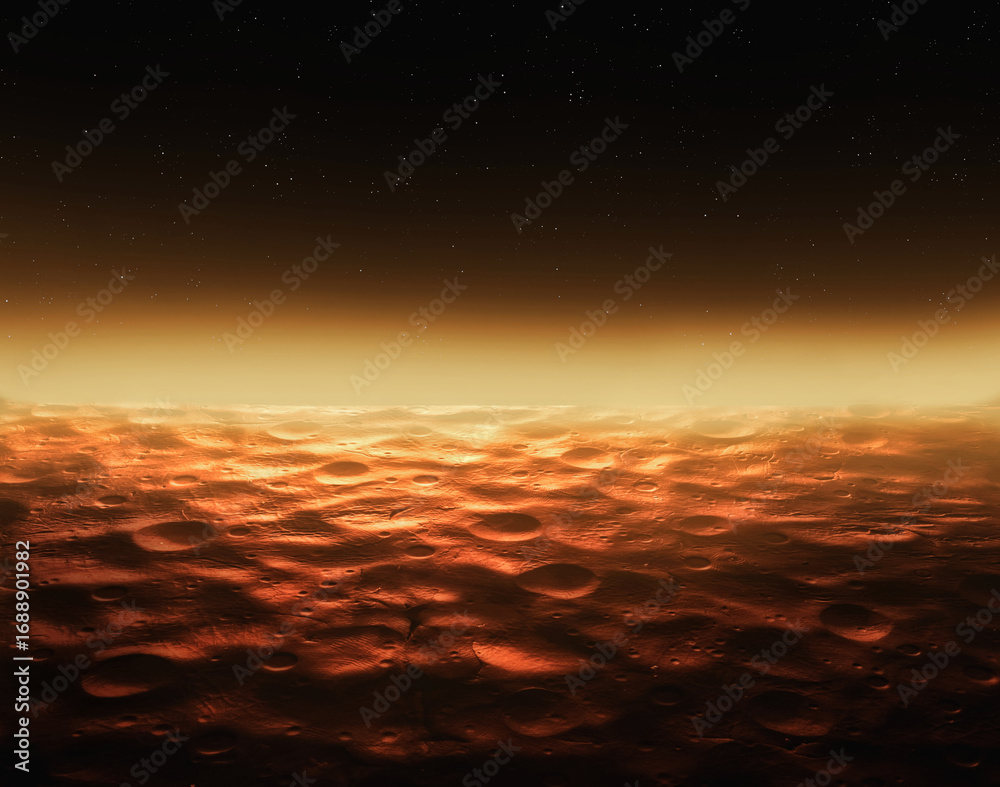 Fototapeta premium Martian surface at dawn, orbital view. Cratered landscape of the red planet. Cold desert of the fourth planet from the sun.