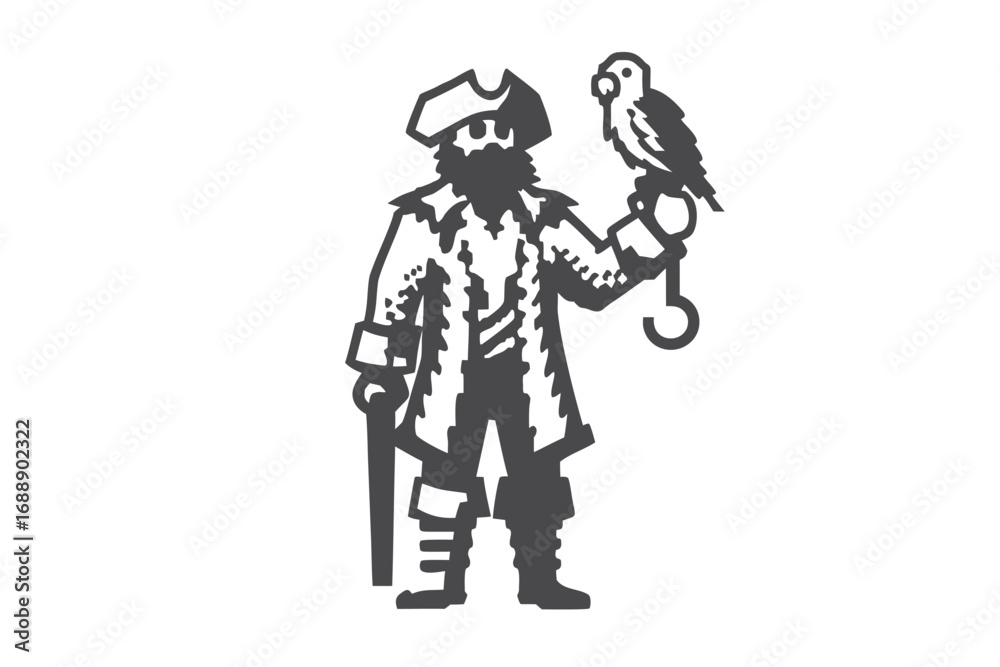 Fototapeta premium Pirate Silhouette with Parrot Holding Cane and Hook Hand on White Background