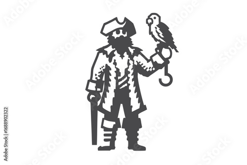 Pirate Silhouette with Parrot Holding Cane and Hook Hand on White Background
