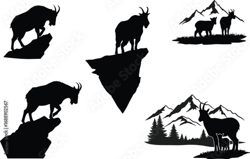 Silhouette mountain goats standing on cliffs and nature landscapes with forest trees and mountain ranges in wilderness vector illustration set.