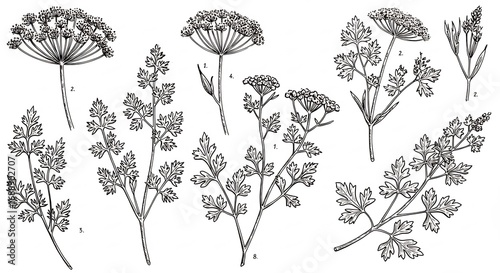 繊細な線画 パセリ植物図鑑 精緻な描写 白黒イラスト. AI Generated