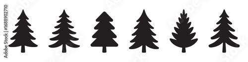 Pine tree silhouette vector, evergreen forest design, Christmas tree illustration, nature symbol, woodland landscape graphic, black fir tree icon