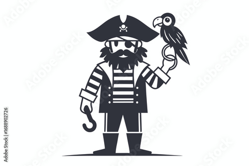 Pirate with Hat Eye Patch and Parrot on White Background