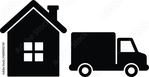 Home Delivery Icon Vector, Black Silhouette of House with Moving Truck Symbol, Shipping, Logistics, Transportation, Courier Service, E-commerce, Relocation, Moving, Distribution, Parcel, Real Estate