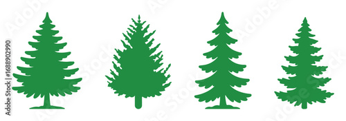 Pine tree silhouette vector set, fir tree icons, evergreen forest symbols, Christmas tree shapes, nature illustration, winter clipart.