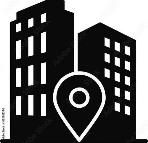 City Building Location Icon Vector, Black Silhouette of Urban Skyscrapers with Map Pin Symbol, Real Estate, Office Building, Apartment, Business Center, Commercial Property, Corporate Tower, Housing
