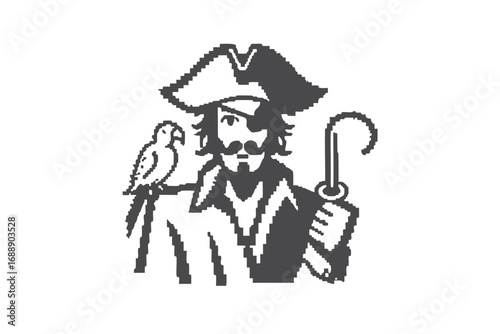 Pirate with Parrot on Shoulder and Hook Hand Pixelated Isolated