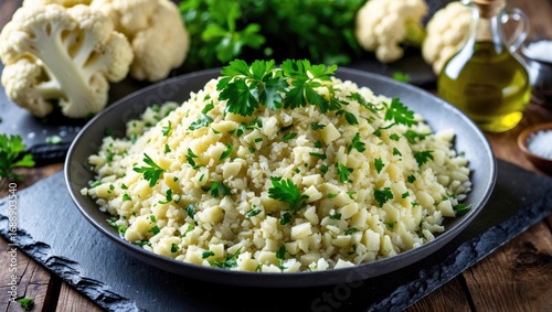 Cooked cauliflower rice garnished with parsley, served in a black bowl on a wooden surface with additional cauliflower and oil in the background.